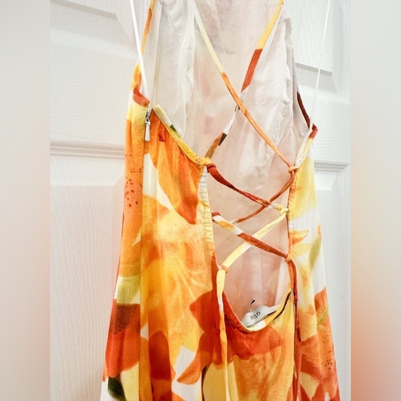 Guess Halter Neck Open Back Tropical Orange Floral Front Slit Maxi Dress sz 0 - Picture 11 of 14